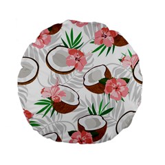 Seamless Pattern Coconut Piece Palm Leaves With Pink Hibiscus Standard 15  Premium Flano Round Cushions by Vaneshart