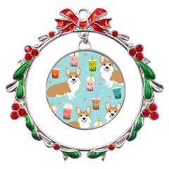 Welsh Corgi Boba Tea Bubble Cute Kawaii Dog Breed Metal X mas Wreath Ribbon Ornament by Wav3s