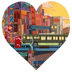 The City Style Bus Fantasy Architecture Art Wooden Puzzle Heart by Grandong