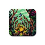 Monkey Tiger Bird Parrot Forest Jungle Style Rubber Square Coaster (4 pack) Front