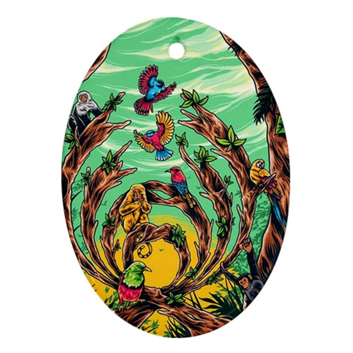 Monkey Tiger Bird Parrot Forest Jungle Style Oval Ornament (Two Sides)