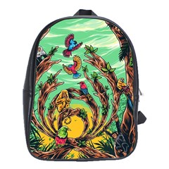 Monkey Tiger Bird Parrot Forest Jungle Style School Bag (xl) by Grandong