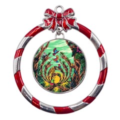Monkey Tiger Bird Parrot Forest Jungle Style Metal Red Ribbon Round Ornament by Grandong