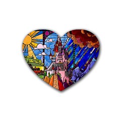 Beauty Stained Glass Castle Building Rubber Heart Coaster (4 Pack) by Cowasu