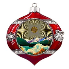 Surreal Art Psychadelic Mountain Metal Snowflake And Bell Red Ornament by Cowasu