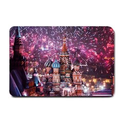 Moscow Kremlin Saint Basils Cathedral Architecture  Building Cityscape Night Fireworks Small Doormat by Cowasu