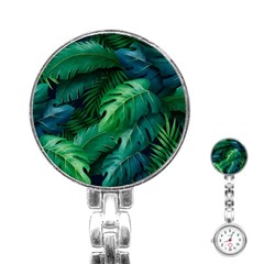 Tropical Green Leaves Background Stainless Steel Nurses Watch by Amaryn4rt