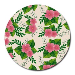Cute-pink-flowers-with-leaves-pattern Round Mousepad by uniart180623