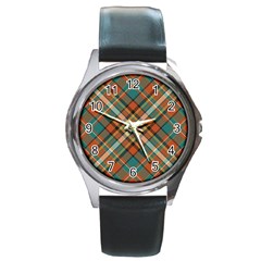 Tartan-scotland-seamless-plaid-pattern-vector-retro-background-fabric-vintage-check-color-square-geo Round Metal Watch by uniart180623