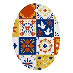 Mexican-talavera-pattern-ceramic-tiles-with-flower-leaves-bird-ornaments-traditional-majolica-style- Oval Ornament (two Sides) by uniart180623