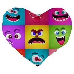 Monsters-emotions-scary-faces-masks-with-mouth-eyes-aliens-monsters-emoticon-set Large 19  Premium Flano Heart Shape Cushions by uniart180623