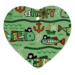 Seamless Pattern Fishes Pirates Cartoon Heart Ornament (two Sides) by uniart180623