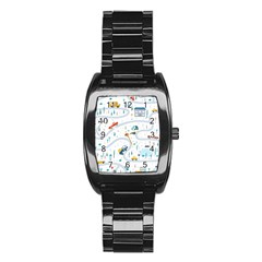 Cute-children-s-seamless-pattern-with-cars-road-park-houses-white-background-illustration-town Stainless Steel Barrel Watch by uniart180623