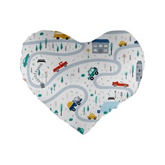 Cute-children-s-seamless-pattern-with-cars-road-park-houses-white-background-illustration-town Standard 16  Premium Flano Heart Shape Cushions by uniart180623