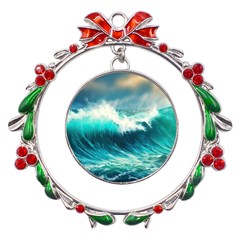 Waves Ocean Sea Tsunami Nautical Painting Metal X mas Wreath Ribbon Ornament by uniart180623
