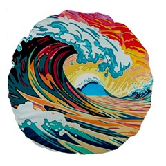 Waves Ocean Sea Tsunami Nautical Arts Large 18  Premium Flano Round Cushions by uniart180623