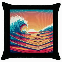 Waves Ocean Sea Tsunami Nautical Art Nature Throw Pillow Case (black) by uniart180623