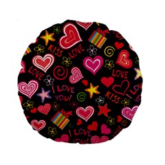 Multicolored Love Hearts Kiss Romantic Pattern Standard 15  Premium Round Cushions by uniart180623