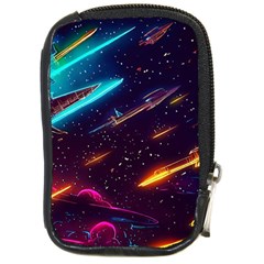 Night Sky Neon Spaceship Drawing Compact Camera Leather Case by Ravend