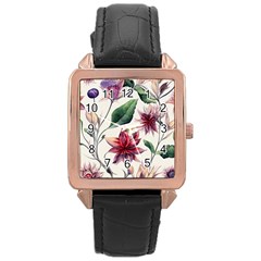Floral Pattern Rose Gold Leather Watch  by designsbymallika