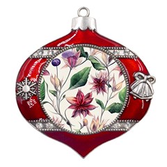 Floral Pattern Metal Snowflake And Bell Red Ornament by designsbymallika
