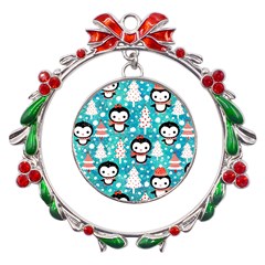 Blue Penguin Pattern Christmas Metal X mas Wreath Ribbon Ornament by uniart180623