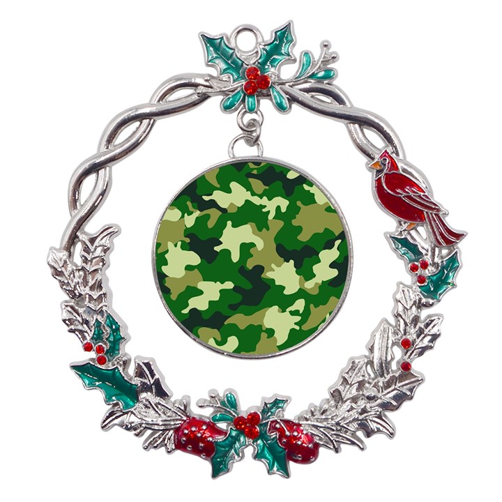 Green Military Background Camouflage Metal X mas Wreath Holly leaf Ornament