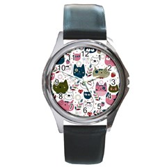 Pattern With Cute Cat Heads Round Metal Watch by Simbadda