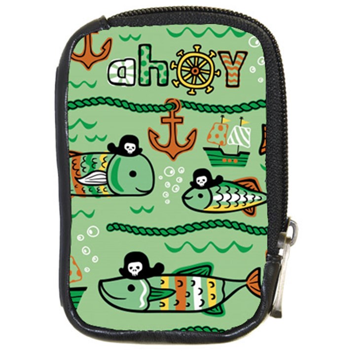 Seamless Pattern Fishes Pirates Cartoon Compact Camera Leather Case