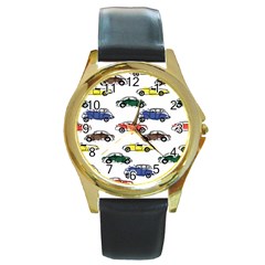 Cars Pattern Round Gold Metal Watch by Simbadda