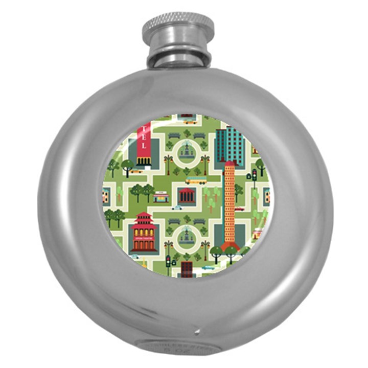 City Seamless Pattern Round Hip Flask (5 oz)