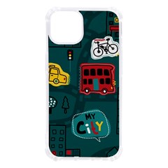 Seamless Pattern Hand Drawn With Vehicles Buildings Road Iphone 13 Tpu Uv Print Case by Simbadda