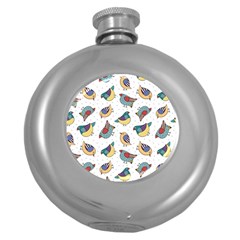 Seamless-pattern-with-hand-drawn-bird-black Round Hip Flask (5 Oz)