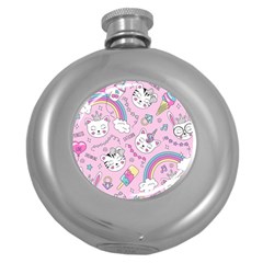 Beautiful-cute-animals-pattern-pink Round Hip Flask (5 Oz)