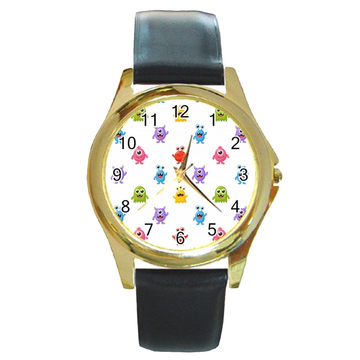 Seamless-pattern-cute-funny-monster-cartoon-isolated-white-background Round Gold Metal Watch