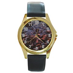 Twilight Treasures: Rocky Beachscape  Round Gold Metal Watch by dflcprintsclothing