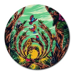 Monkey Tiger Bird Parrot Forest Jungle Style Round Mousepad by Grandong