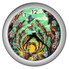 Monkey Tiger Bird Parrot Forest Jungle Style Wall Clock (silver) by Grandong