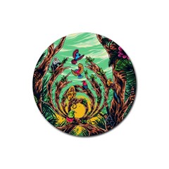 Monkey Tiger Bird Parrot Forest Jungle Style Rubber Round Coaster (4 Pack) by Grandong