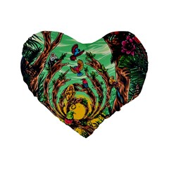 Monkey Tiger Bird Parrot Forest Jungle Style Standard 16  Premium Flano Heart Shape Cushions by Grandong