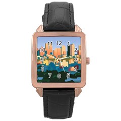 City Buildings Urban Dawn Rose Gold Leather Watch  by Bangk1t