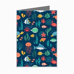 Variety Of Fish Illustration Turtle Jellyfish Art Texture Mini Greeting Card