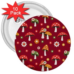 Woodland Mushroom And Daisy Seamless Pattern On Red Backgrounds 3  Buttons (10 Pack)  by Amaryn4rt