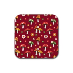 Woodland Mushroom And Daisy Seamless Pattern On Red Backgrounds Rubber Coaster (square) by Amaryn4rt
