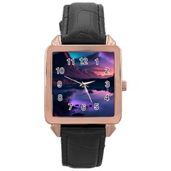 Lake Mountain Night Sea Flower Nature Rose Gold Leather Watch  by Ravend