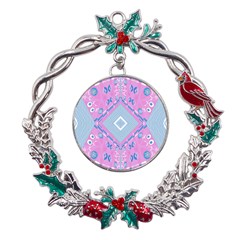 Bohemian Chintz Illustration Pink Blue White Metal X mas Wreath Holly Leaf Ornament by Mazipoodles