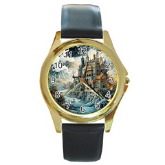 Castle Storm Sea Round Gold Metal Watch by pakminggu