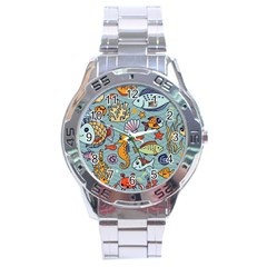 Cartoon Underwater Seamless Pattern With Crab Fish Seahorse Coral Marine Elements Stainless Steel Analogue Watch by uniart180623