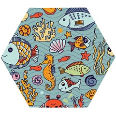 Cartoon Underwater Seamless Pattern With Crab Fish Seahorse Coral Marine Elements Wooden Puzzle Hexagon by uniart180623