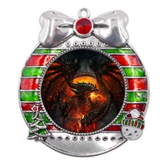 Dragon Art Fire Digital Fantasy Metal X mas Ribbon With Red Crystal Round Ornament by Bedest